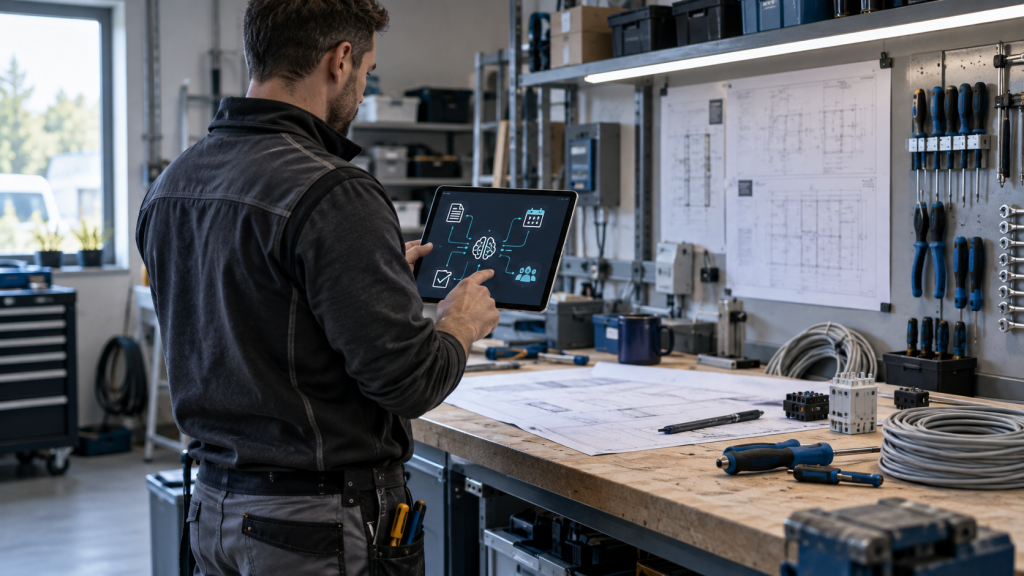 KI im Handwerk: 7 Anwendungen Handwerker prüft auf einem Tablet einen KI-gestützten Arbeitsablauf in einer Werkstatt.